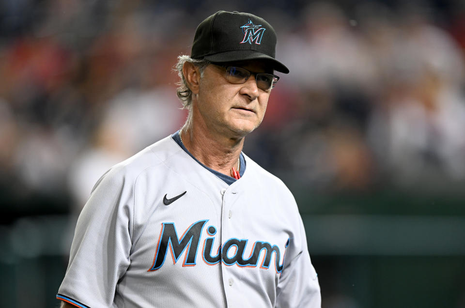 WASHINGTON, DC - JULY 01: Manager Don Mattingly #8 of the Miami Marlins walks on the field after a victory against the Washington Nationals at Nationals Park on July 01, 2022 in Washington, DC. (Photo by G Fiume/Getty Images)