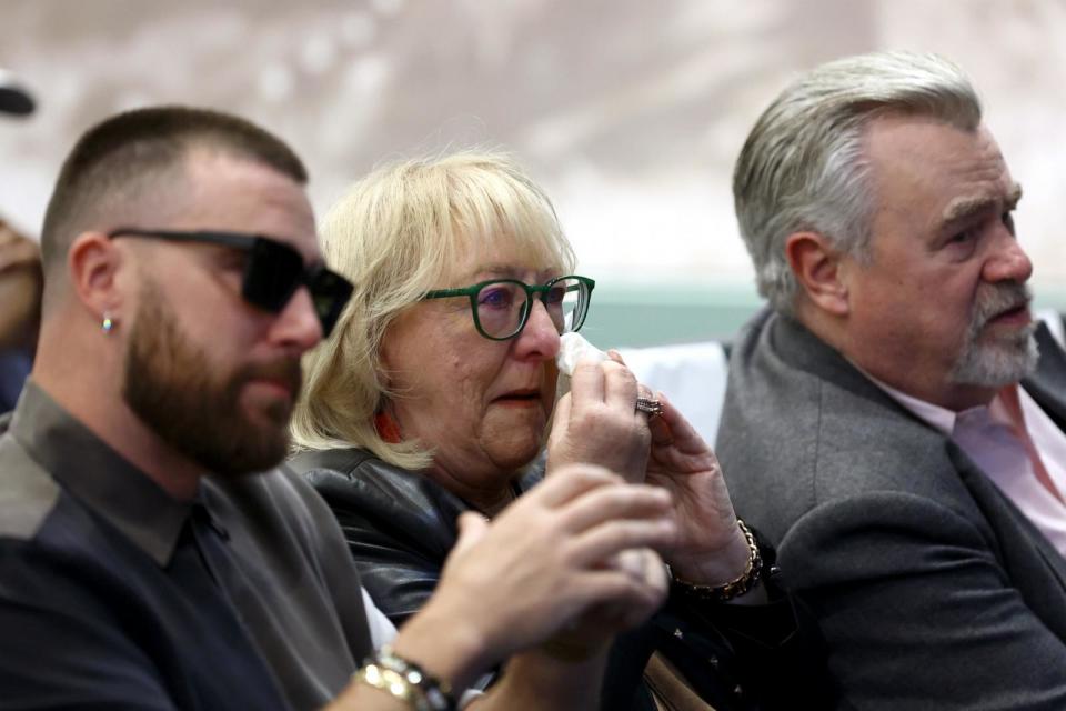 PHOTO: Donna Kelce, mother of Jason Kelce, reacts during the announcement of his retirement from the NFL at NovaCare Complex on March 04, 2024 in Philadelphia. (Tim Nwachukwu/Getty Images)