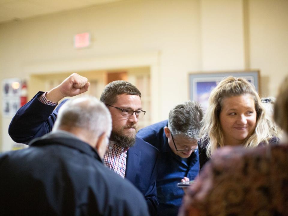 Republican Aaron Rollins pumps his fist during an Election Day results watch party in Marion on Nov. 2, 2021. Rollins was elected to an at-large position on the Marion City Council. All nine seats on city council will be on the ballot in 2023.