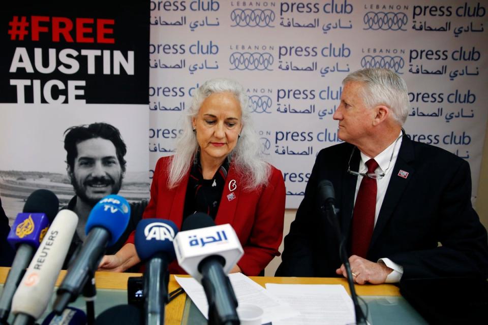 In this Dec. 4, 2018, file photo Marc and Debra Tice, the parents of Austin Tice, who is missing in Syria, speak during a press conference, at the Press Club, in Beirut, Lebanon. (Copyright 2018 The Associated Press. All rights reserved.)