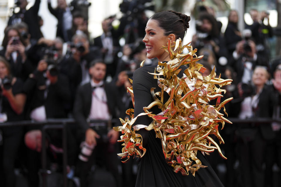 Iris Mittenaere poses for photographers upon arrival at the premiere of the film 'Furiosa: A Mad Max Saga' at the 77th international film festival, Cannes, southern France, Wednesday, May 15, 2024. (Photo by Scott Garfitt/Invision/AP)