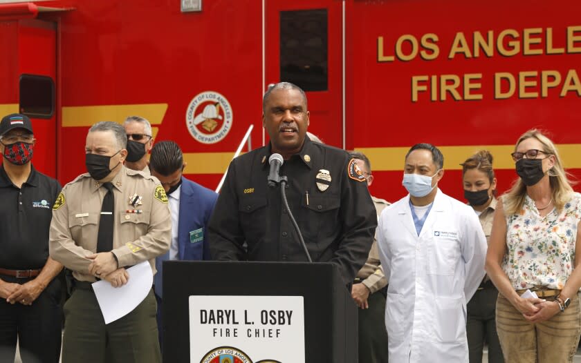 Canyon County, California—Los Angeles Fire Chief Daryl Osby address the press after the fatal shooting of a fire fighter during a press conference at Los Angeles County Fire Department Station 150 in Canyon County, California on June 1, 2021. (Carolyn Cole / Los Angeles Times)