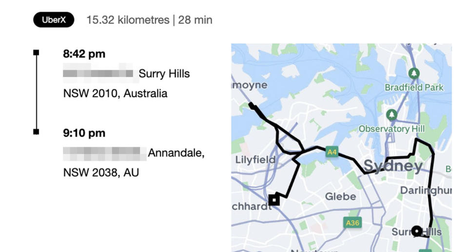 Uber receipt screenshot showing route map