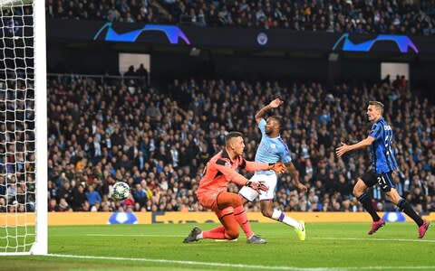 Raheem Sterling of Manchester City scores his team's fifth goal during the UEFA Champions League group C match between Manchester City and Atalanta - Credit: GETTY IMAGES