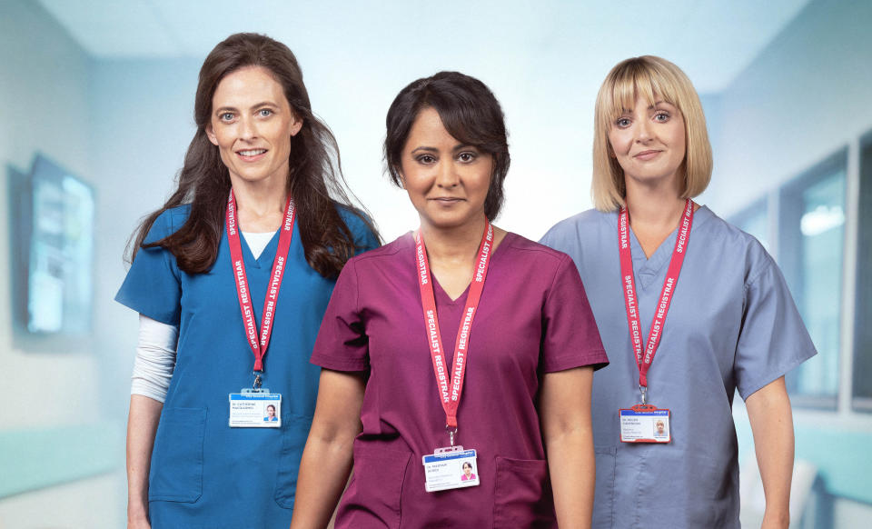 Lara Pulver, Parminder Nagra and Lisa McGrillis star in Maternal. (ITV)