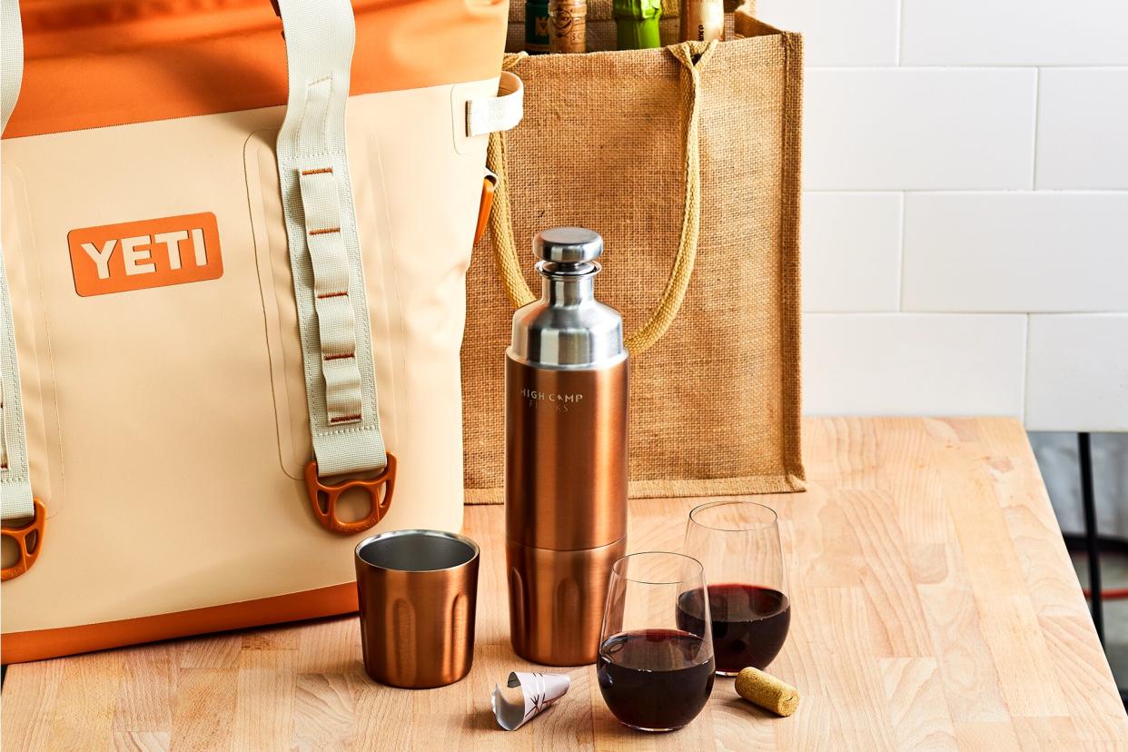 Yeti Soft Cooler, High Camp Flask, Riedel O Wine Tumblers, Jute Tote Bag