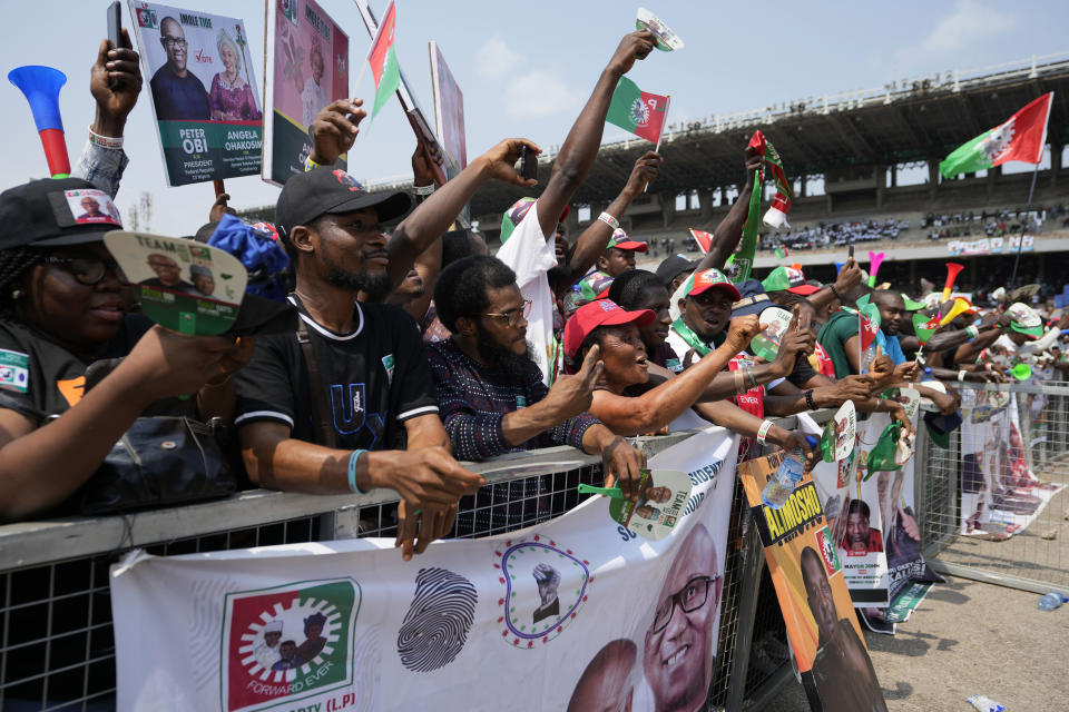 Supporters of Nigeria's Labour Party's Presidential Candidate Peter Obi, chants during an election campaign rally at the Tafawa Balewa Square in Lagos Nigeria, Saturday, Feb. 11, 2023. Fueled by high unemployment and growing insecurity, younger Nigerians are mobilizing in record numbers to take part in this month's presidential election. (AP Photo/Sunday Alamba)