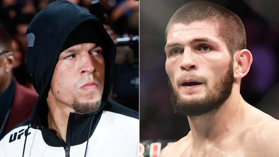 Las Vegas Police had to separate Nate Diaz (left) and Khabib Nurmagomedov (right) at UFC 239.