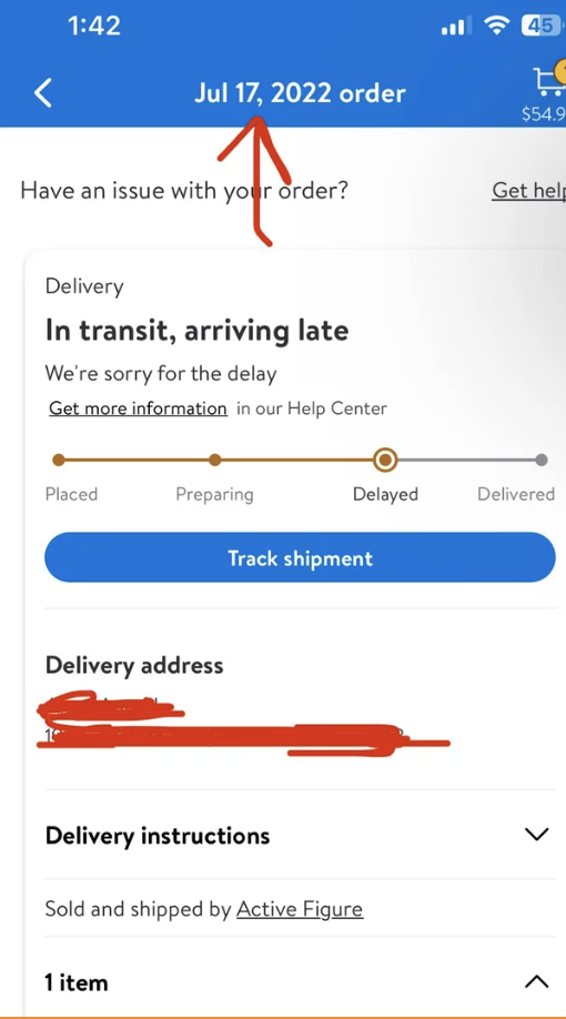 shipping status is labeled as "in transit" from an order made in 2022