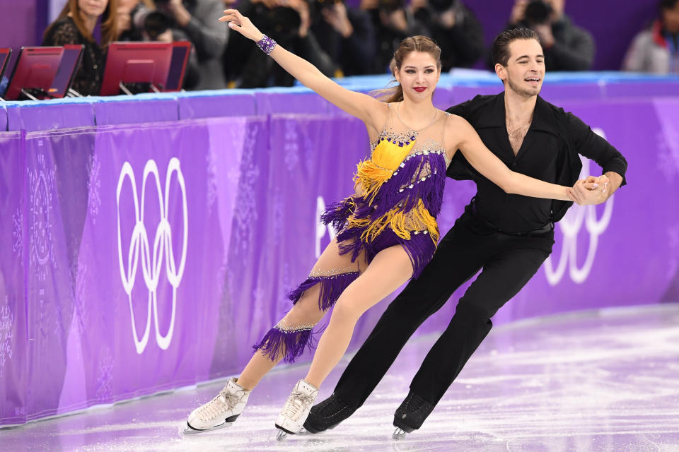 <p>Ukraine’s Maxim Nikitin and Alexandra Nazarova perform during the ice dance short dance of the figure skating event during the Pyeongchang 2018 Winter Olympic Games at the Gangneung Ice Arena in Gangneung on February 19, 2018. / AFP PHOTO / Roberto SCHMIDT </p>