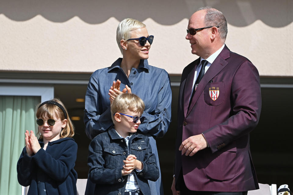 MONACO, MONACO - MAY 07: (EDITOR'S NOTE : NO TABLOIDS WEB & PRINT)  Princess Charlene of Monaco, Prince Albert II of Monaco, Prince Jacques of Monaco and Princess Gabriella of Monaco attend the Sainte Devote Rugby Tournament on May 07, 2022 in Monaco, Monaco. (Photo by Pascal Le Segretain/SC Pool - Corbis/Getty Images)