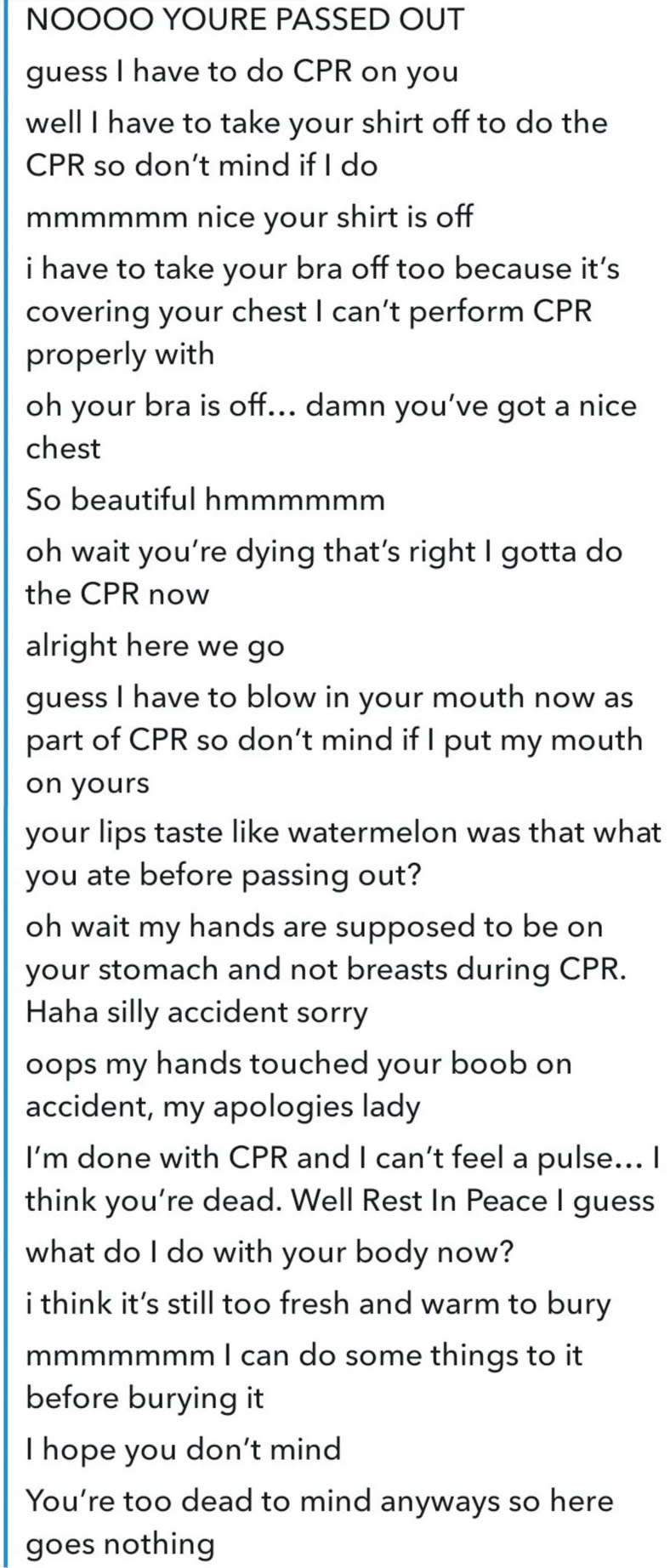 a person using CPR and someone being unconscious in their creepy sexts