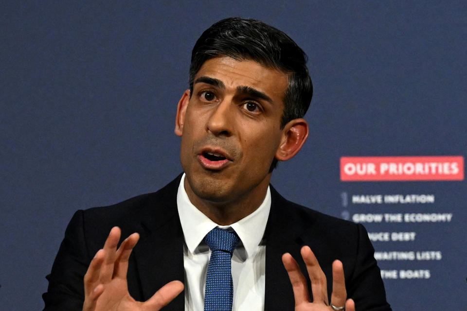 LONDON, ENGLAND - MARCH 07: Prime Minister Rishi Sunak speaks during a press conference following the launch of new legislation on migrant channel crossings at Downing Street on March 7, 2023 in London, United Kingdom. The new plan will ban refugees arriving in the UK by small boats from today from claiming asylum. Home Secretary Suella Braverman has said the new legislation 