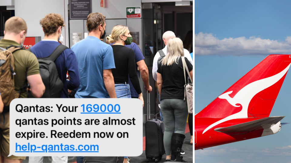 A composite image of people waiting in line to board a plane and a Qantas plane with the Qantas logo and a copy of the scam text.