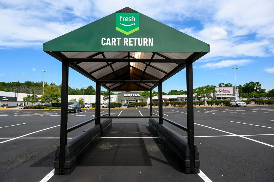 A cart return shelter in the parking lot of a new Amazon Fresh grocery store that is scheduled to open soon in Saugus.