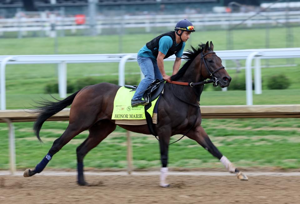 LOUISVILLE, KENTUCKY - APRIL 28: Honor Marie runs on the track during the morning training for the Kentucky Derby at Churchill Downs on April 28, 2024 in Louisville, Kentucky. (Photo by Andy Lyons/Getty Images)