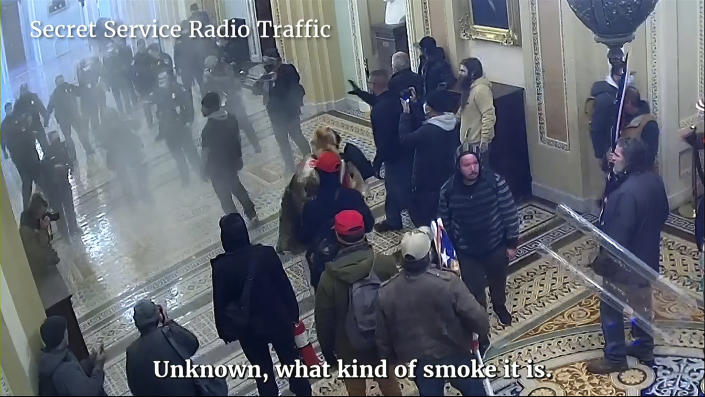 Security footage shows rioters in winter clothes milling about on the tiled floors of the Capitol in a haze of smoke. In the background, a line of Capitol Police hold hands in an attempt to bar entry to a closed door.