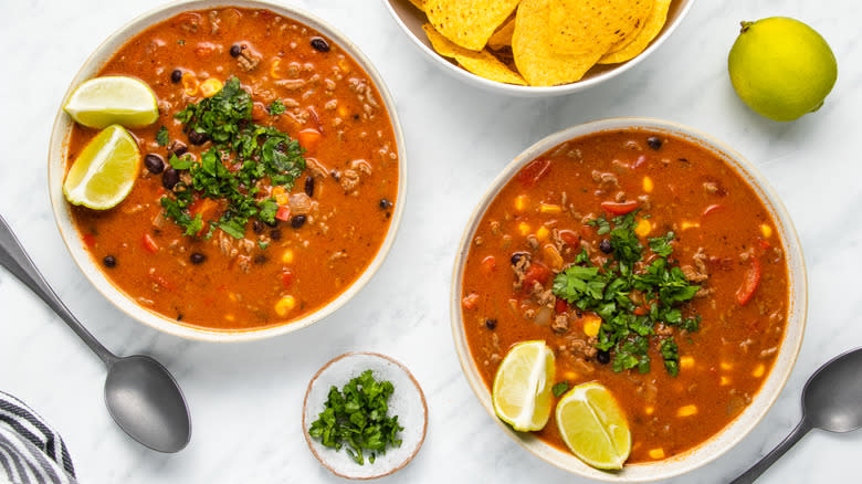 Bowls of creamy taco soup 