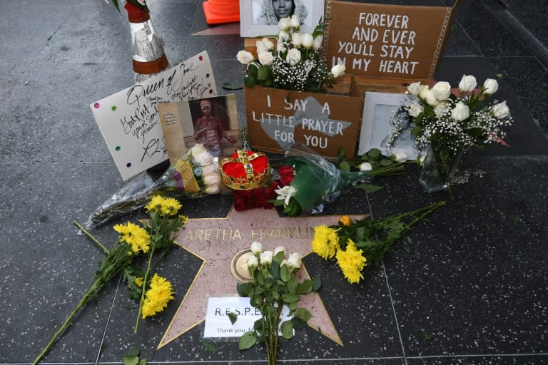 Flowers and tributes are placed on the star for Aretha Franklin on the Hollywood Walk of Fame