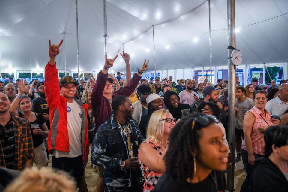 The crowds cheers and yells as Rahzel performs at the National Folk Festival in Salisbury on Saturday, Sept. 8.