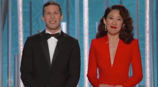 During their opening segment, Golden Globes hosts Andy Samberg and Sandra Oh asked Jim to kindly change seats. Photo: NBC