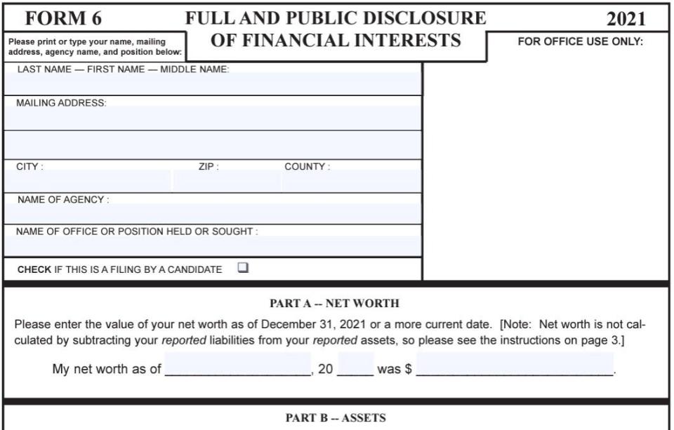 All locally elected officials in office on Jan. 1, 2024, are now required to complete this financial-dislosure form, under a new law passed last year by the Legislature.