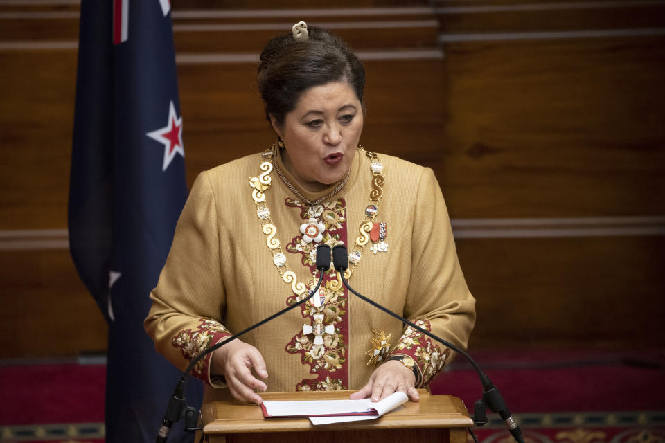 New Zealand Governor-General Dame Cindy Kiro makes a speech after her official swearing-in ceremony at Parliament in Wellington, New Zealand, Thursday, Oct. 21, 2021. Kiro, 63, said her mixed Maori and British heritage helped give her a good understanding of New Zealand history and the Treaty of Waitangi, the founding document signed by Maori and British. (Mark Mitchell/New Zealand Herald via AP)