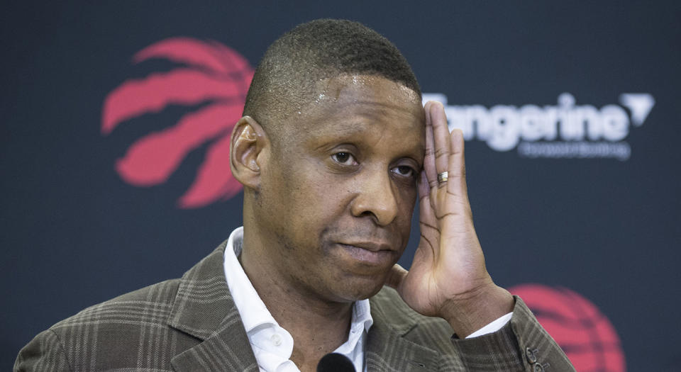 TORONTO, ON - JULY 20  -   Toronto Raptors President Masai Ujiri wipes sweat talks to the media during a press conference about the DeMar DeRozan-Kawhi Leonard trade at Scotiabank Arena, Toronto.  July 20, 2018. Bernard Weil/Toronto Star        (Bernard Weil/Toronto Star via Getty Images)