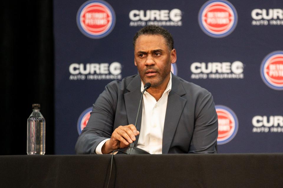 Pistons general manager Troy Weaver speaks next owner Tom Gores during a news conference to introduce Williams as the new head coach at the Pistons Performance Center in Detroit on Tuesday, June 13, 2023.