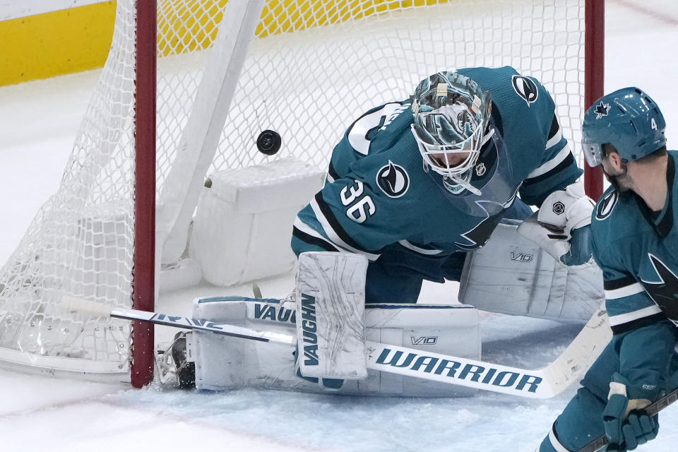 San Jose Sharks goaltender Kaapo Kahkonen (36) cannot make the stop on a goal by Detroit Red Wings left wing David Perron during the third period of an NHL hockey game Tuesday, Jan. 2, 2024, in San Jose, Calif. (AP Photo/Tony Avelar)