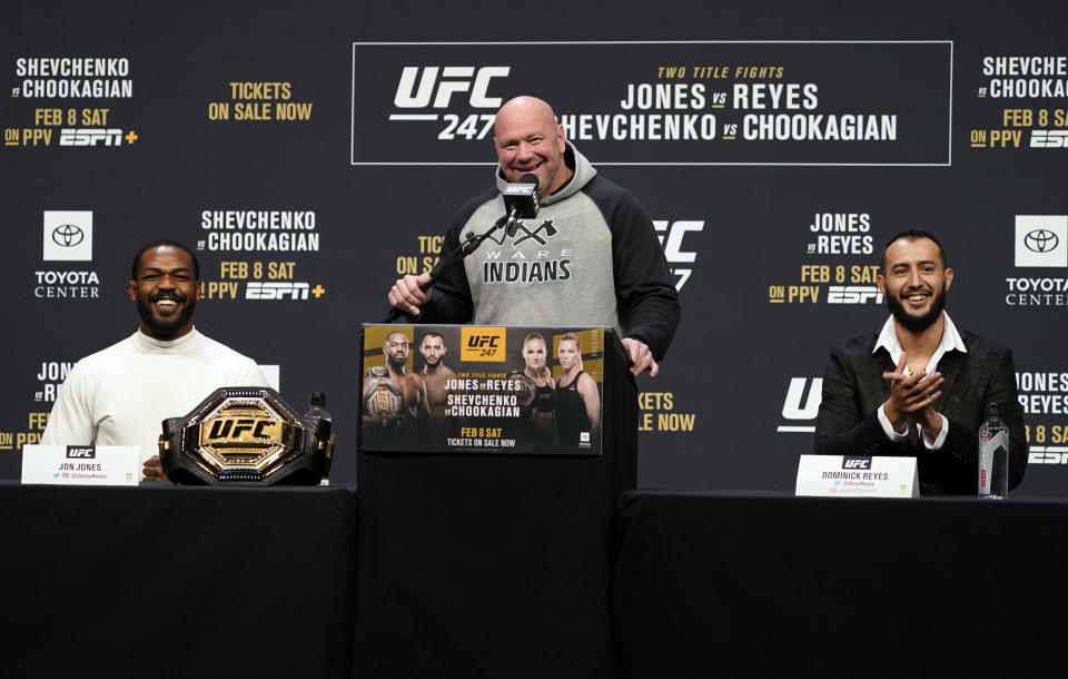 UFC light heavyweight champion Jon Jones, UFC president Dana White, and light heavyweight contender Dominick Reyes interact with media during the UFC 247 press conference at T-Mobile Arena on December 13, 2019 in Las Vegas, Nevada. (Photo by Jeff Bottari/Zuffa LLC)