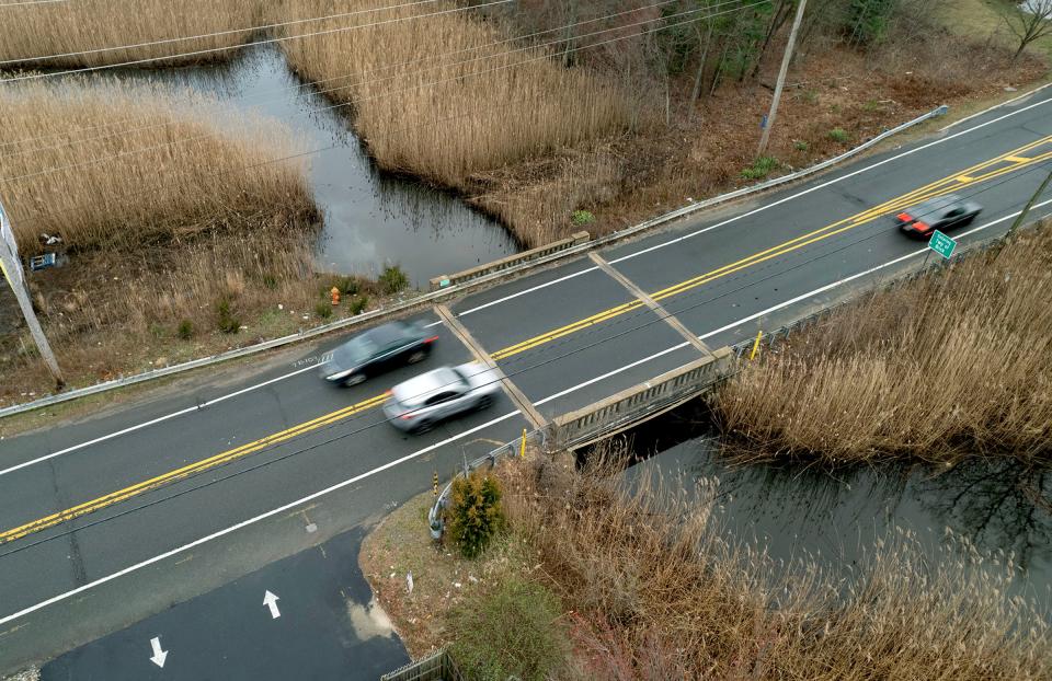 The Route 88 bridge over the Beaver Dam Creek on the border of Brick and Point Pleasant Borough is one of the bridges in Monmouth and Ocean County that have a "poor" rating. The structure is shown Wednesday, March 27, 2024.
