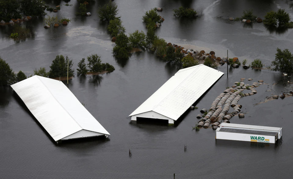 <p>Von Ställen im US Bundesstaat North Carolina sind lediglich noch die Dächer zu sehen. Der Wirbelsturm Florence hat für schwere Überflutungen an der amerikanischen Ostküste gesorgt. (Bild: AP Photo/Steve Helber) </p>