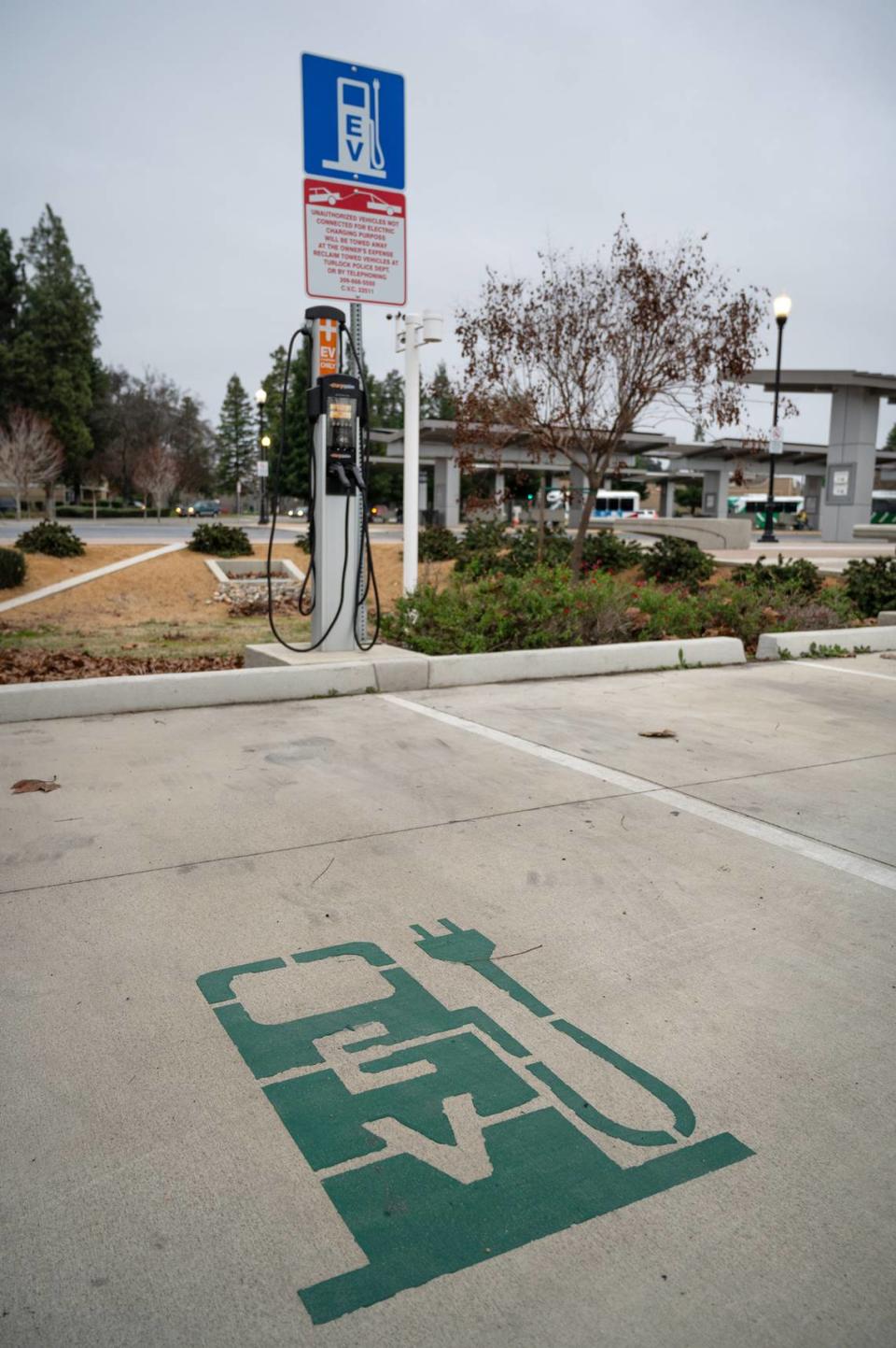 EV charging station at the Turlock Transit Center in Turlock, Calif., Tuesday, Jan. 16, 2024.