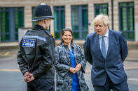 NORTHALLERTON, ENGLAND - JULY 30: Prime Minster, Boris Johnson and Home Secretary, Priti Patel visit The North Yorkshire police and are introduced to recently graduated Police Officers on July 30, 2020 in Northallerton, North Yorkshire, England. (Photo by Charlotte Graham - WPA Pool/Getty)