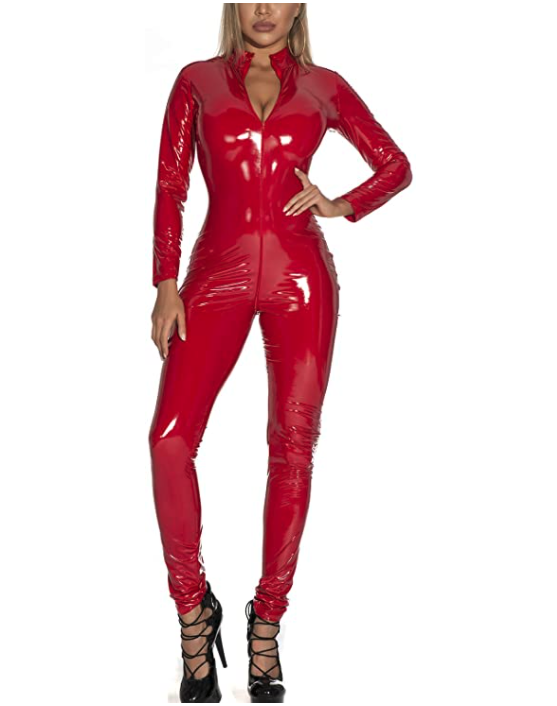 Model wears Panegy Women's Leather Bodysuit in red