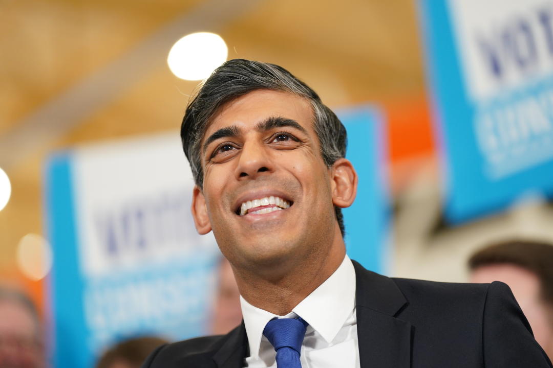 TEESSIDE, ENGLAND - MAY 3:  Prime Minister Rishi Sunak congratulates Tees Valley Mayor Ben Houchen (not pictured) on his re-election, after he secured a third term in office in the Tees Valley mayoral election during local elections in England and Wales, on May 3, 2024 in Teesside, England. Tees Valley Conservative Mayor Ben Houchen was re-elected today with a reduced majority from his second term with 53% of the vote.  (Photo by Ian Forsyth/Getty Images)