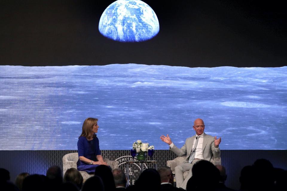 <p>Caroline Kennedy and Amazon founder Jeff Bezos speak at a conference about the 1969 moon landing at the John F. Kennedy Presidential Library in Massachusetts. <br></p>