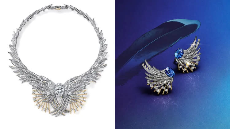飛羽凌空系列（左圖）鉑金與18K黃金鑲嵌逾20克拉鑽石項鍊；（右圖）鉑金與18K黃金鑲嵌各逾4克拉未經優化處理的斯里蘭卡藍寶石及鑽石耳環。品牌提供