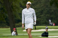 Lexi Thompson reacts after missing a putt on the fourth green in the first round of the Cognizant Founders Cup LPGA golf tournament, Thursday, Oct. 7, 2021, in West Caldwell, N.J. (AP Photo/John Minchillo)