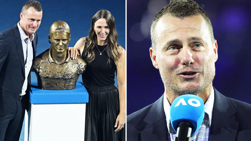 Lleyton Hewitt, pictured here with wife Bec and his bust at the Australian Open.