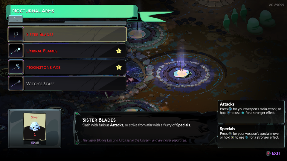 Hades 2 screenshot of the weapon unlock menu