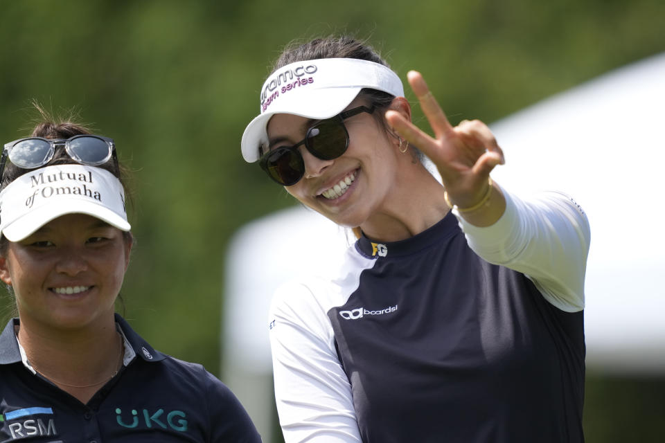 Alison Lee, right, and Megan Khang walk off the fifth tee during the final round of the Dow Great Lakes Bay Invitational golf tournament at Midland Country Club, Saturday, July 22, 2023, in Midland, Mich. (AP Photo/Carlos Osorio)