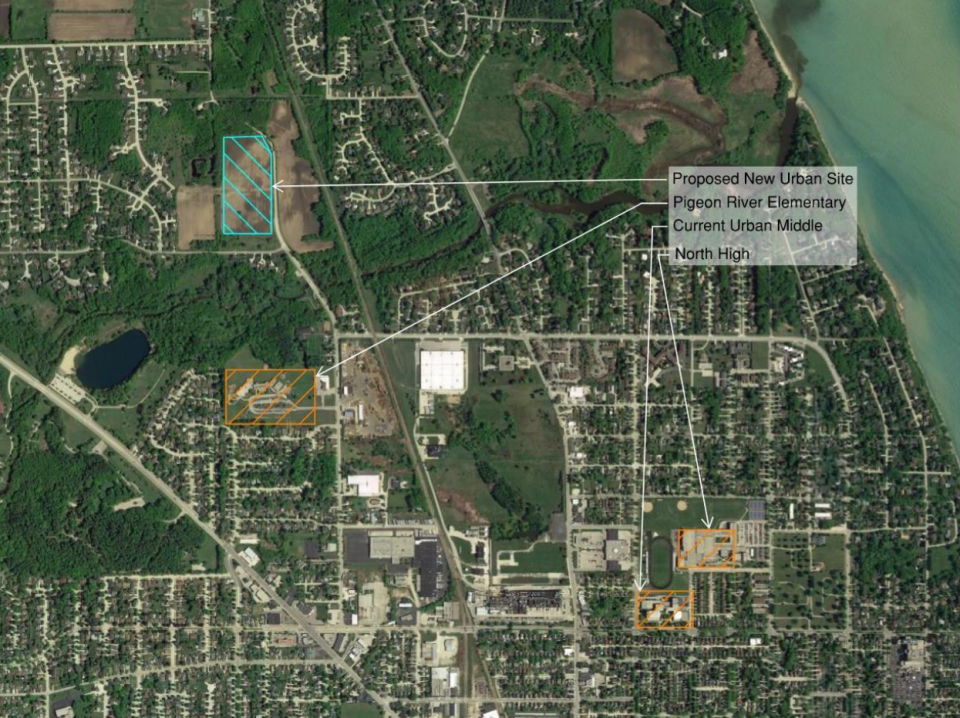 A map of Sheboygan shows the current location of Urban Middle School and the proposed new location. The map was pulled from the Power Point presentation outlining the project on the Sheboygan Area School District website.