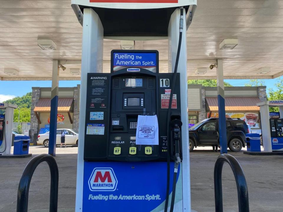 A Marathon gas station in Harold, off of U.S. Route 23, had gas and several customers Wednesday afternoon. Each pump was posted with a notice that customers would be limited to $30 in gas.