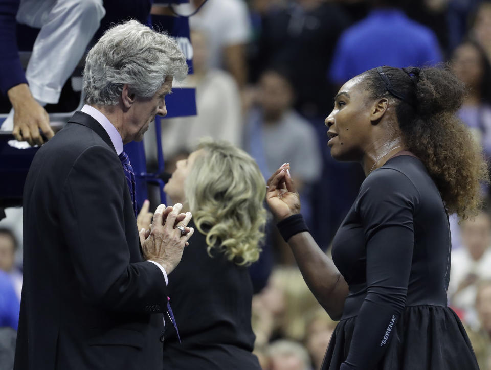 Tennis star Serena Williams pleads with chair umpire Carlos Ramos during the U.S. Open final. (AP)