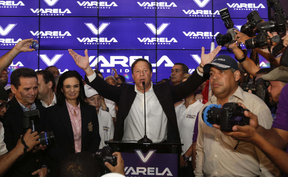 Juan Carlos Varela, Panama's president elect, delivers his acceptance speech in Panama City, Sunday, May 4, 2014. Varela was declared the victor of Panama's presidential election, thwarting an attempt by former ally President Ricardo Martinelli to extend his grip on power by electing a hand-picked successor. (AP Photo/Arnulfo Franco)