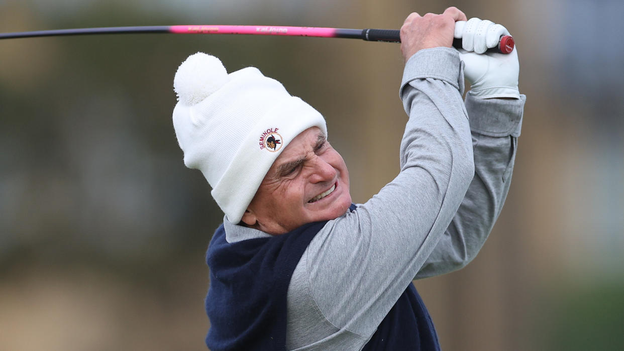  Jimmy Dunne takes a shot in a practice round prior to the 2022 Alfred Dunhill Links Championship at St Andrews 