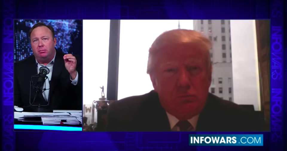 Then-presidential candidate Donald Trump is interviewed by “Infowars” host Alex Jones in December 2015.