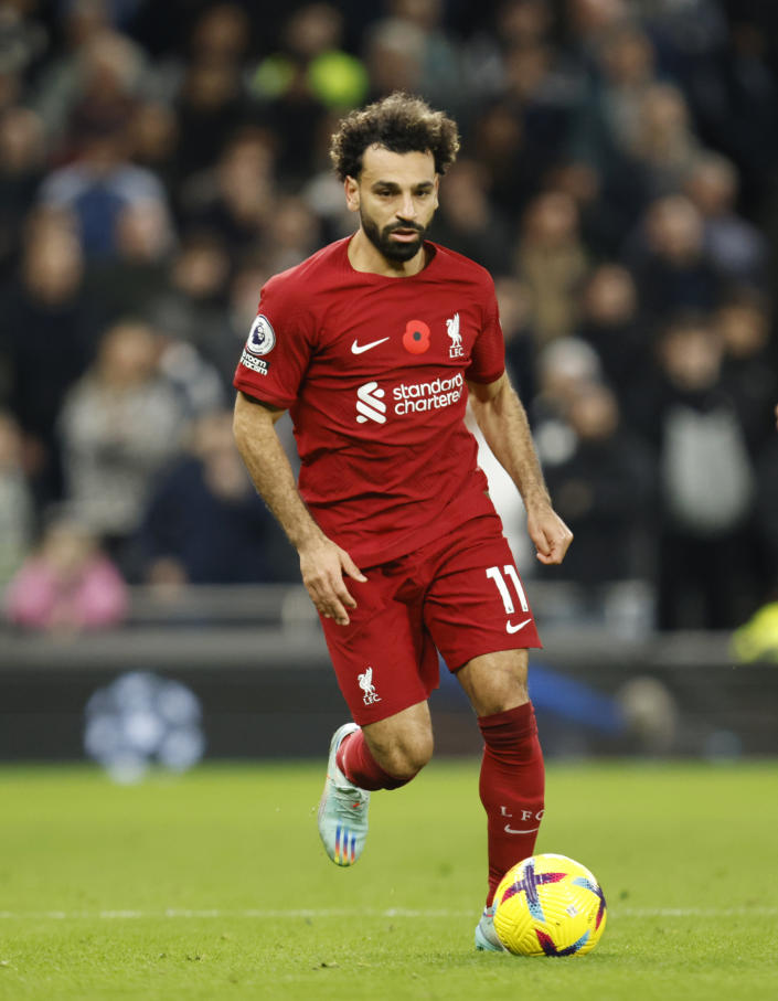 Liverpool's Mohamed Salah controls the ball during the English Premier League soccer match between Tottenham Hotspur and Liverpool at Tottenham Hotspur Stadium, in London, Sunday, Nov. 6, 2022. (AP Photo/David Cliff)